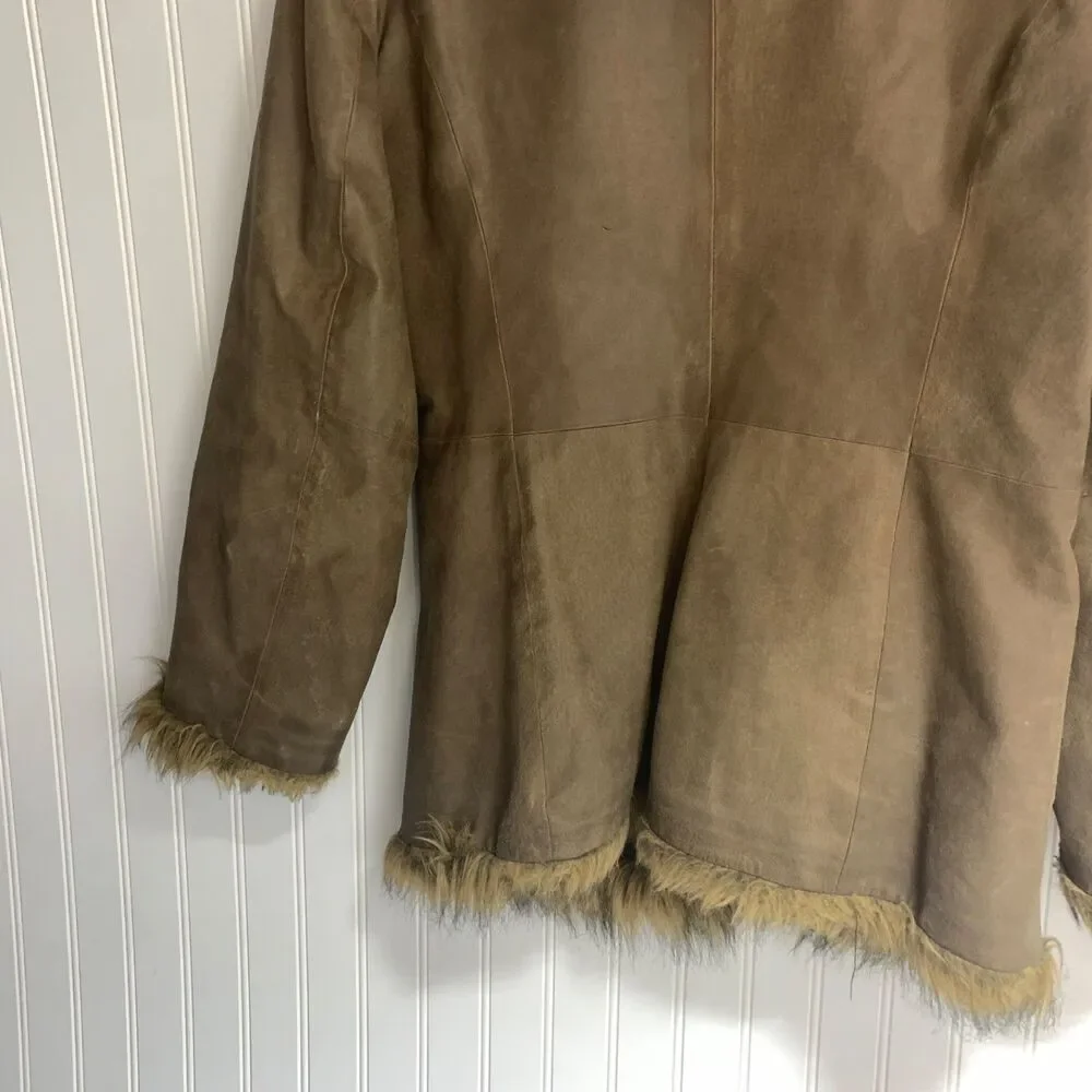 Vintage Newport News Leather Coat Womens M Brown Faux Fur Trim Y2K Boho - Picture 12 of 14